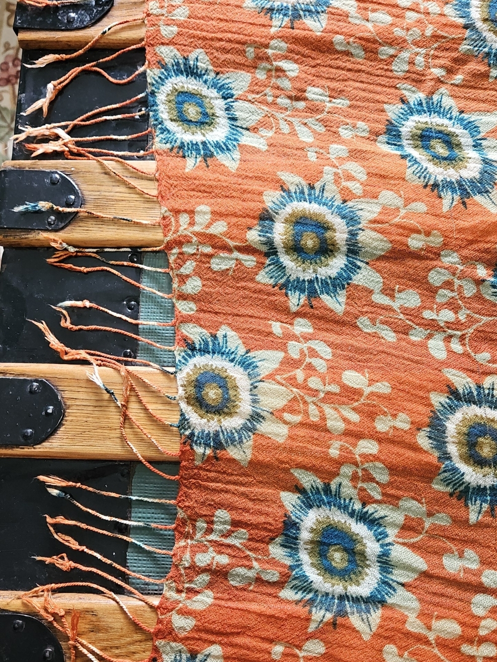 Orange Large Fringed Soft Scarf/Wrap with Teal, Olive, and Beige Floral Print